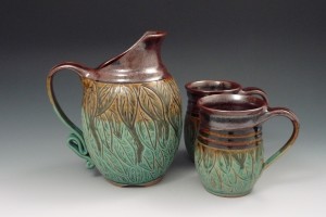 Carved Leaf Pitcher And 2 Mugs